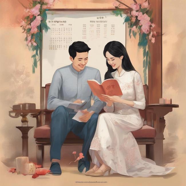 Hình ảnh cô dâu chú rể đang xem lịch để chọn giờ tốt ăn hỏi cho đám hỏi